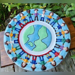 12” Hands Across America Youth Around Earth Ceramic Server Tray Plate *Flawed